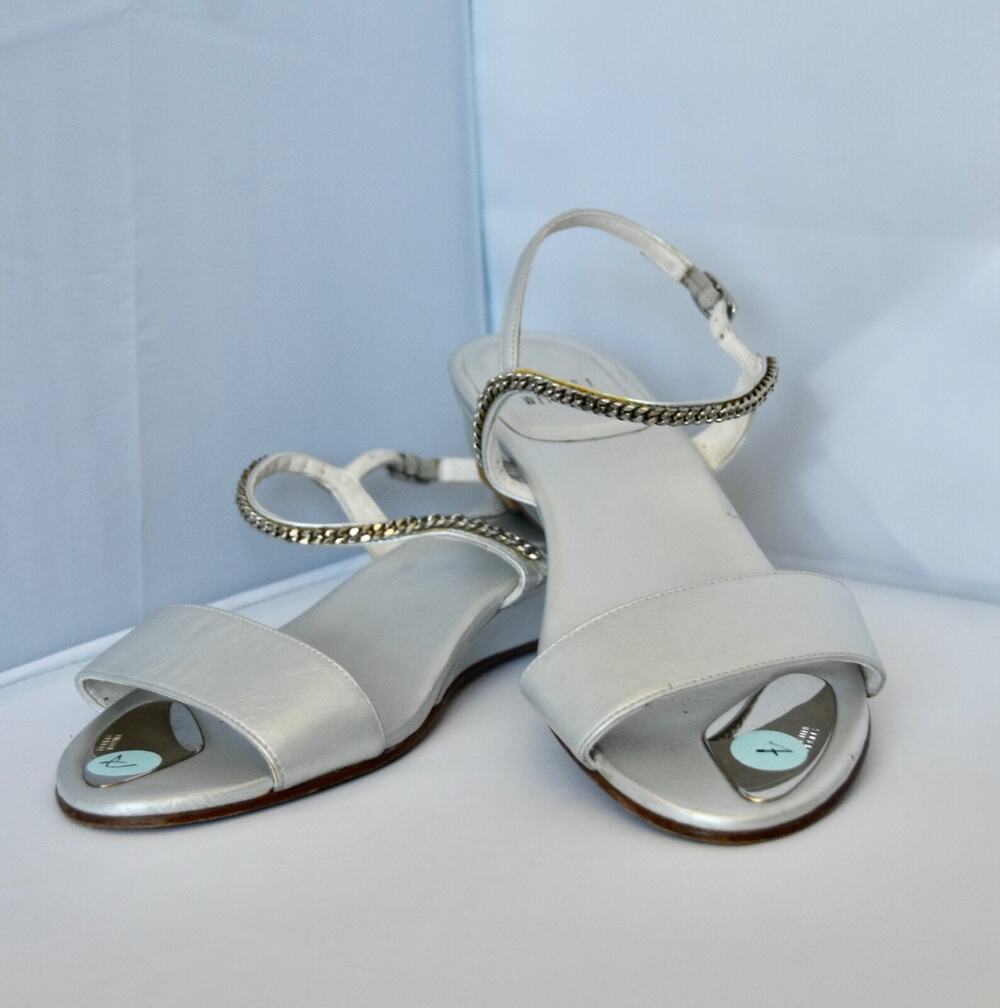 Stuart Weitzman Silver Metallic & Chain Designer Low Heel Wedge Sandal Size 6.5